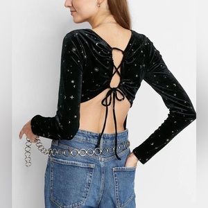 Wild Fable Black Velour Galaxy Long Sleeve Open Tie Back Bodysuit ✨NWT